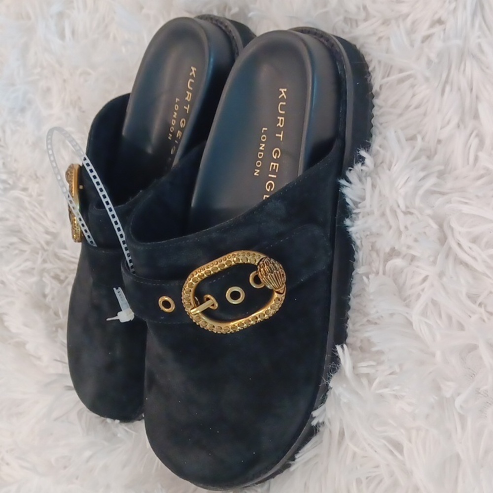 Kurt Geiger London Mayfair Crystal Embellished Eagle Head Buckle Mules Black - Picture 3 of 11